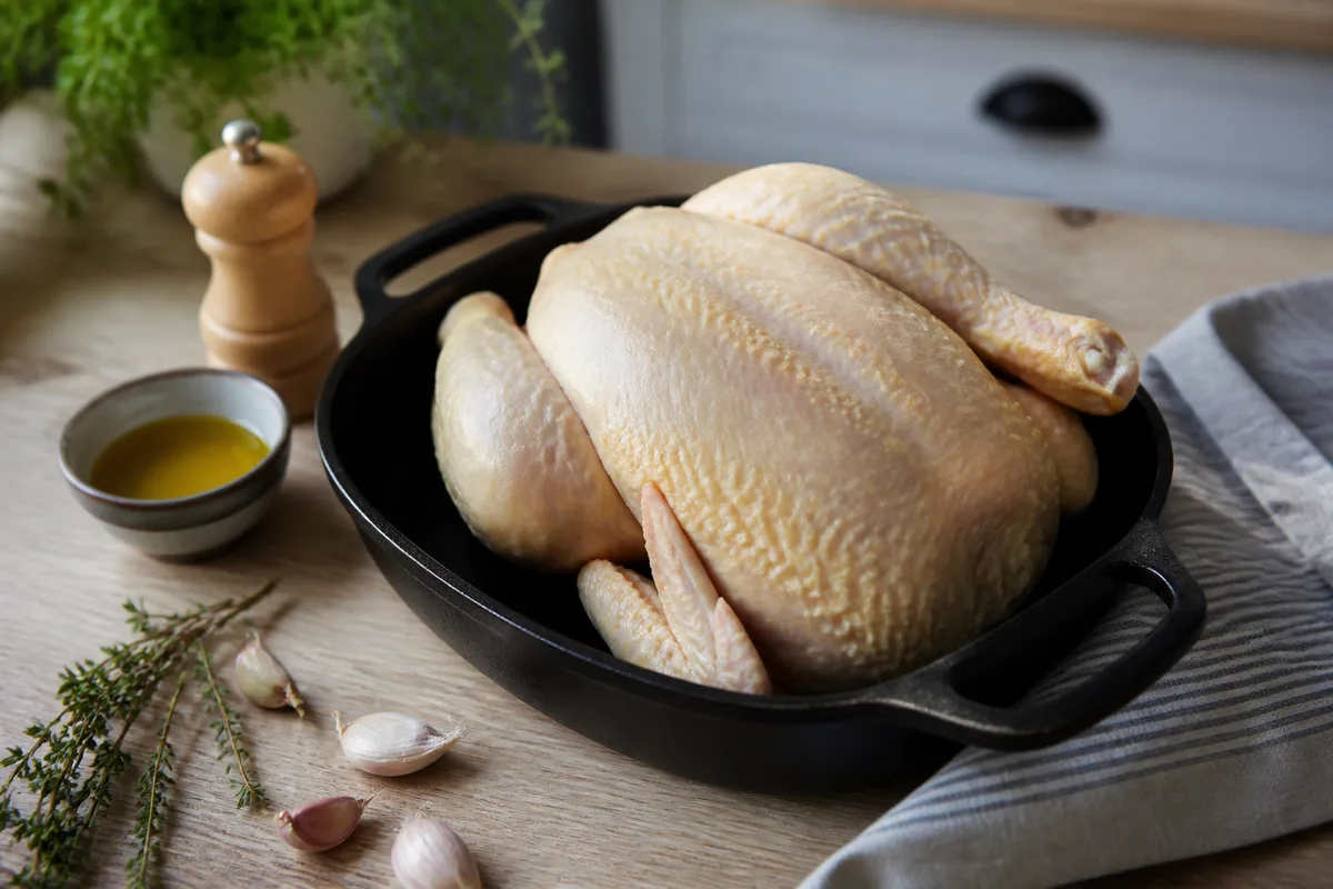 Poulet fermier entier cru posé dans un plat en fonte avec thym et gousses d ail, lumière naturelle de cuisine