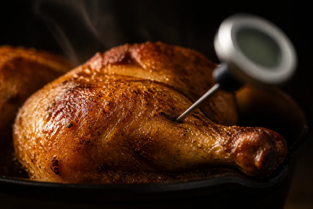Thermomètre de cuisson planté dans la cuisse d un poulet rôti doré sortant du four, gros plan sur la peau croustillante