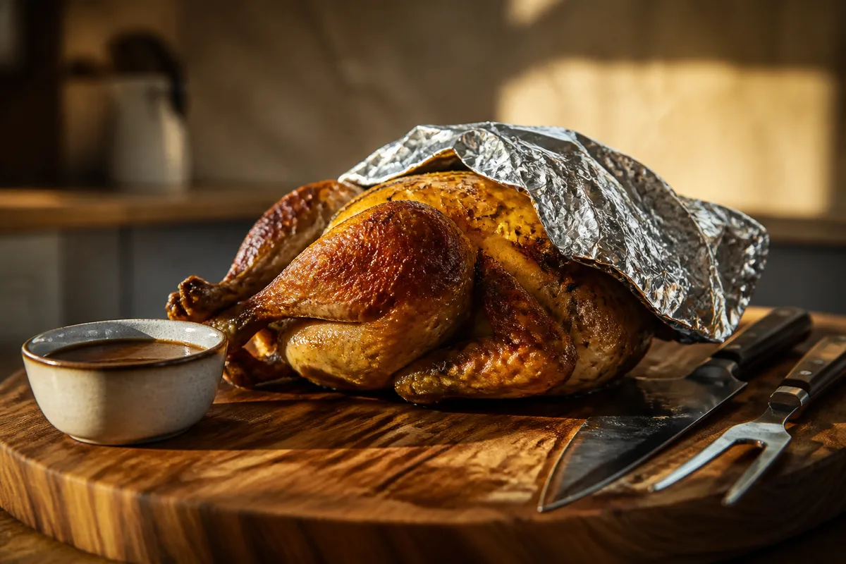 Poulet fermier rôti entier au repos sur une planche en bois, couvert d une feuille d aluminium, jus de cuisson dans le plat